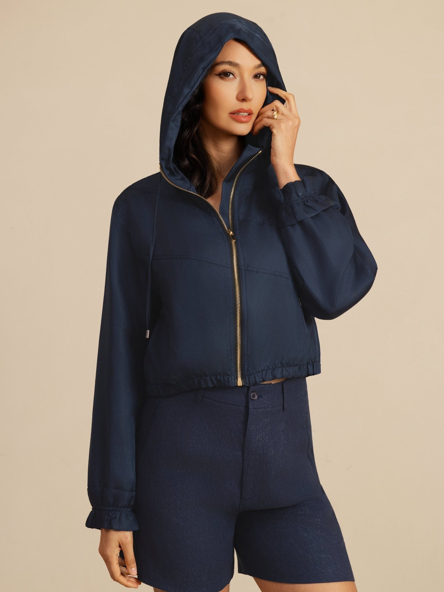 [BleuFoncé] SilkSilky-FR 18Momme Manches longues Col Haut Femme Manteaux 005