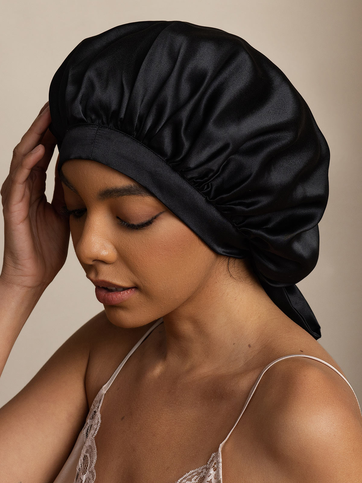 [Noir] SilkSilky-FR Pure Soie Sleep Cap 002