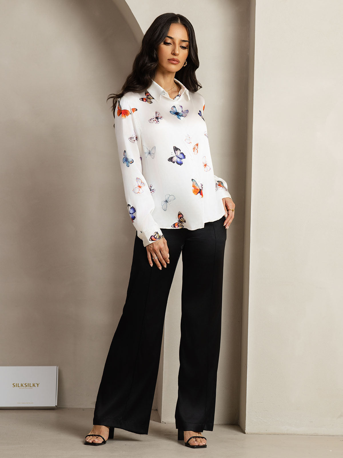 [Papillon Blanc] SilkSilky-FR Soie Manches longues Col Chemise Femme Chemise 007