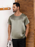 SilkSilky FR Pure Soie Manches courtes Col Rond Homme T Shirt VertGrisâtre 001