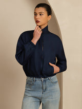 [Noir+BleuFoncé] SilkSilky-FR 18Momme Manches longues Col Montant Femme Manteaux 003