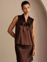 [Chocolat Noir] SilkSilky-FR Sleeveless Tie Neck Top À Fines Brides 003