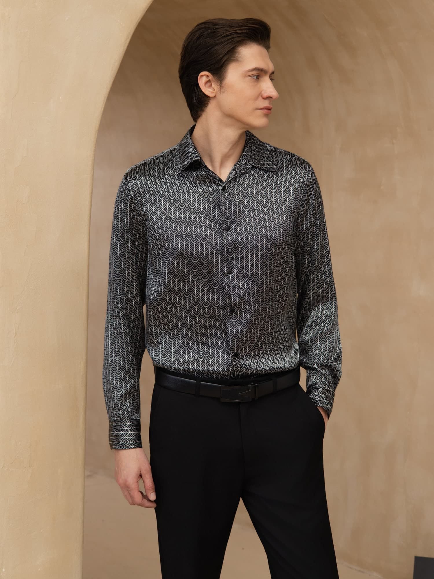 [Ginkgo Noir] SilkSilky-FR Manches longues Col à Revers Homme Chemise 004