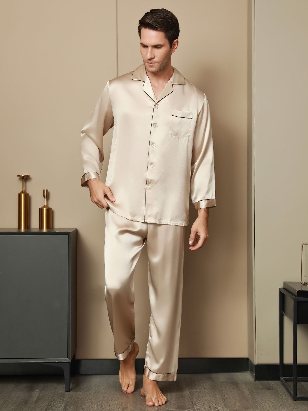 SilkSilky FR Pure Soie Manches longues Revers Homme Pyjamas Tan 007