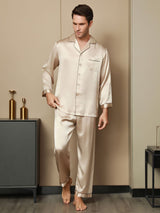 [Tan] SilkSilky-FR Pure Soie Manches longues Revers Homme Pyjamas 007