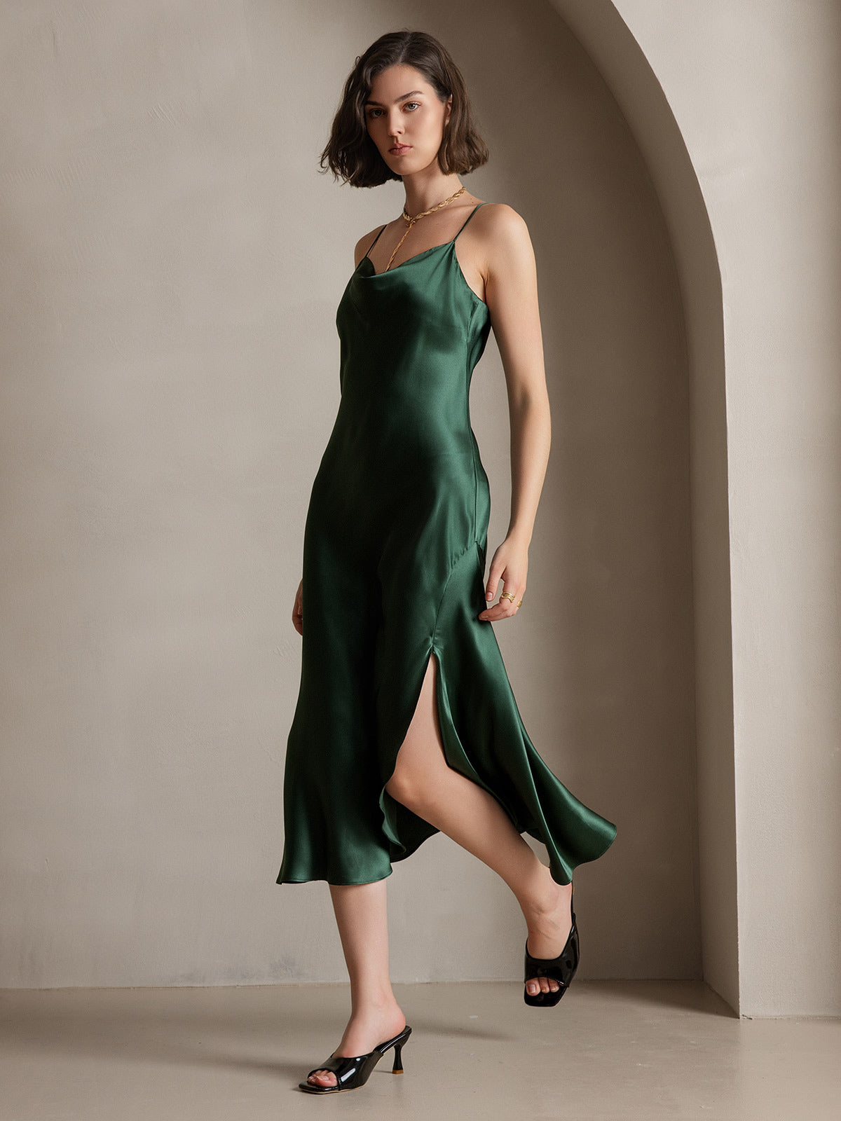 [Vert Foncé] SilkSilky-FR 19Momme Pure Soie Col Bénitier Robes 007
