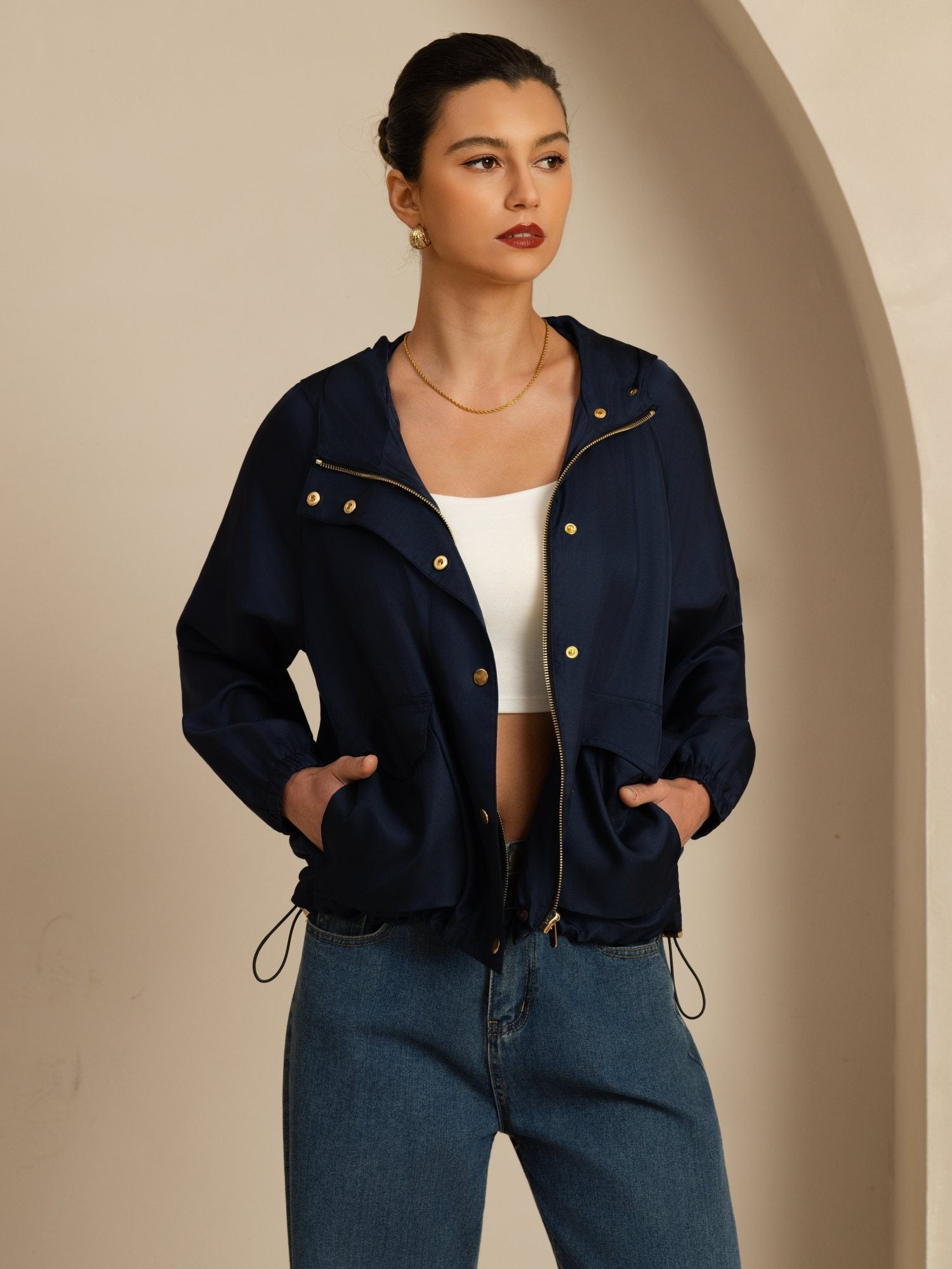 [BleuFoncé] SilkSilky-FR Manches longues Col Haut Femme Manteaux 001