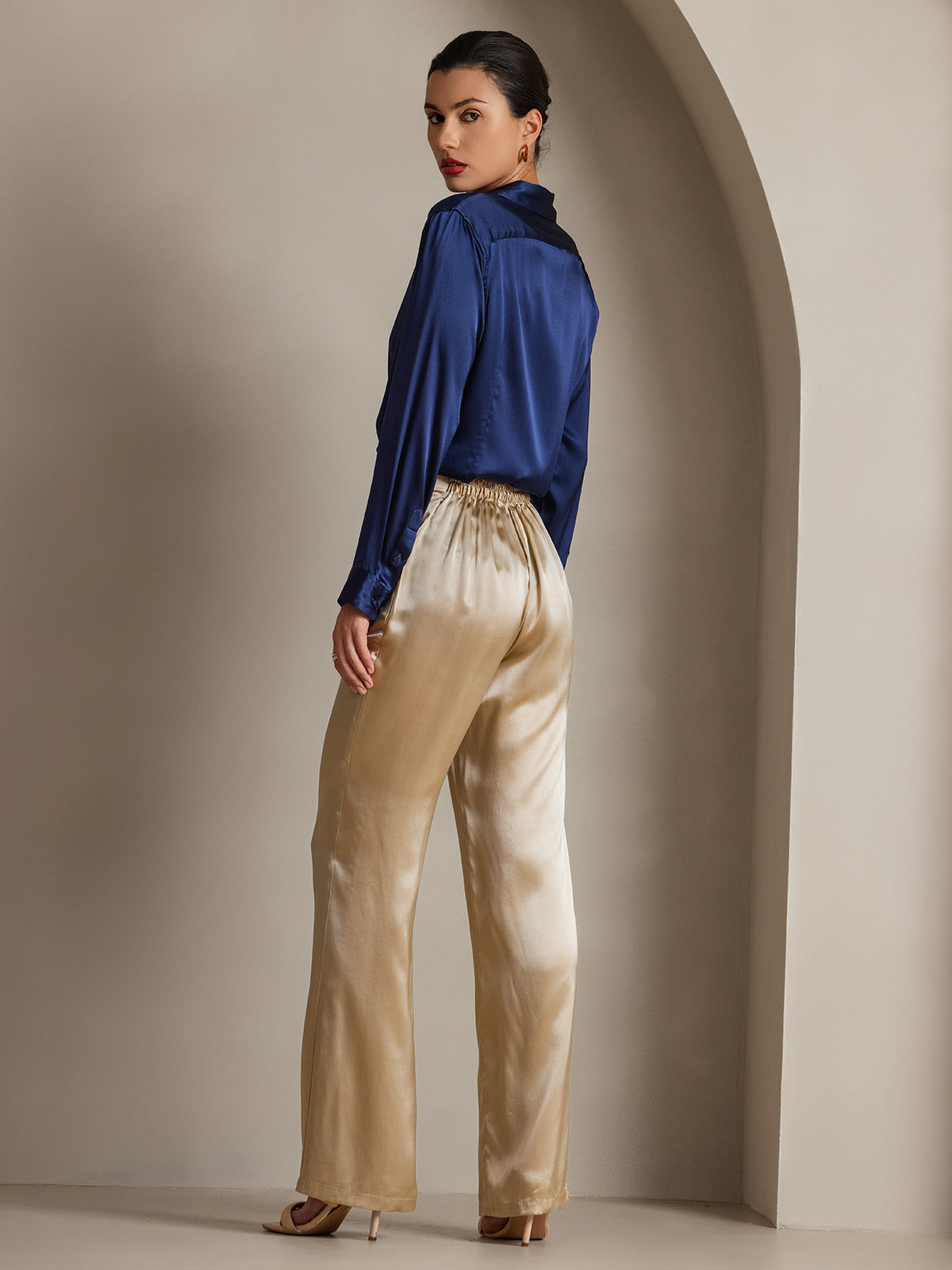 [Bleu Foncé] SilkSilky-FR Soie Manches longues Col Chemise Femme Chemise 002