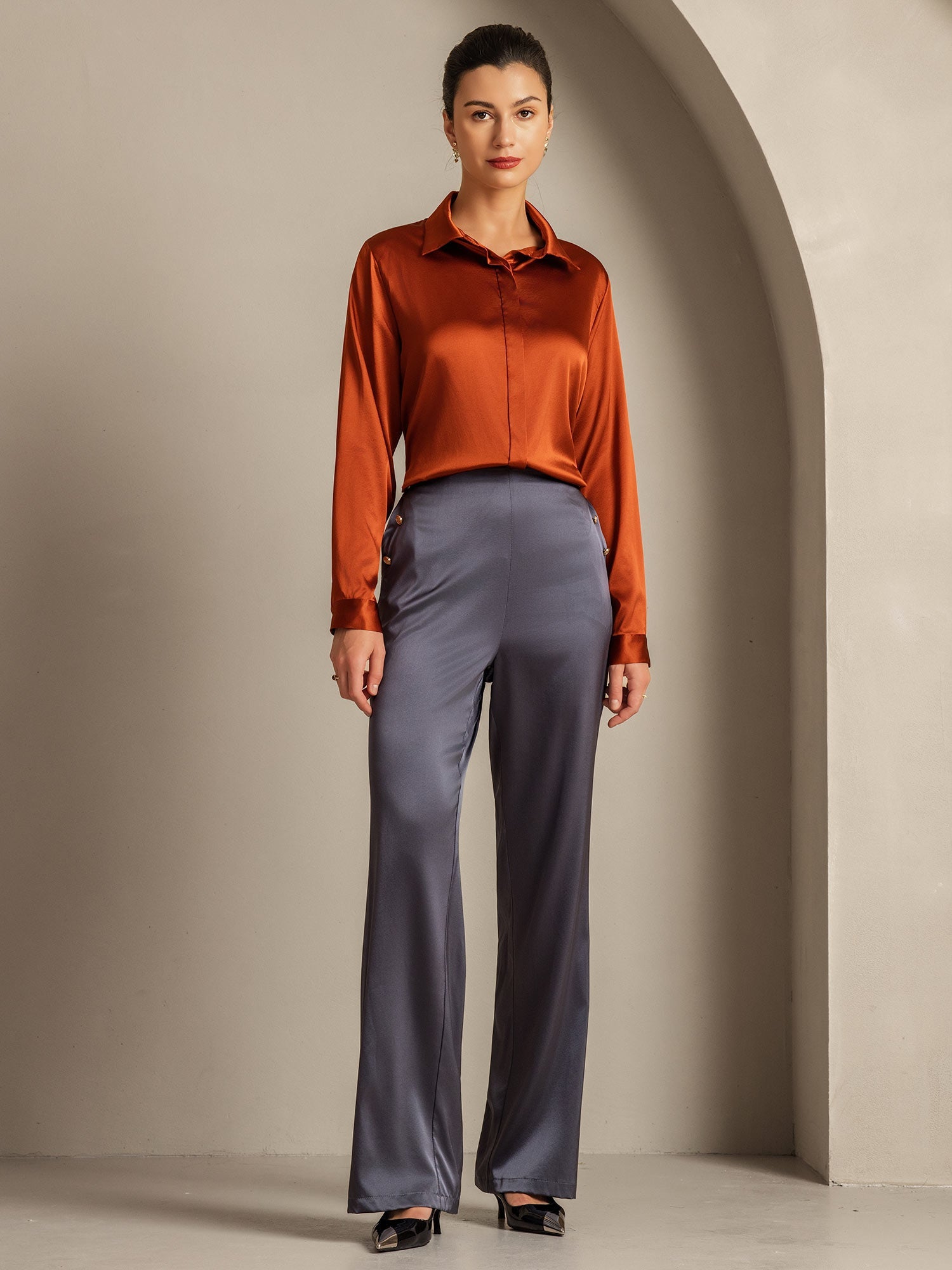 [Caramel] SilkSilky-FR 19Momme Soie Manches longues Col Chemise Femme Chemise 008