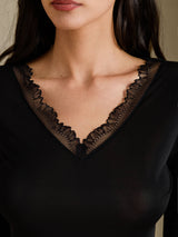 [Noir] SilkSilky-FR Long Sleeve V Neck Sous Vêtements Longs Femme 005