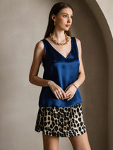 [Bleu Foncé] SilkSilky-FR Sleeveless V Neck Top À Fines Brides 006
