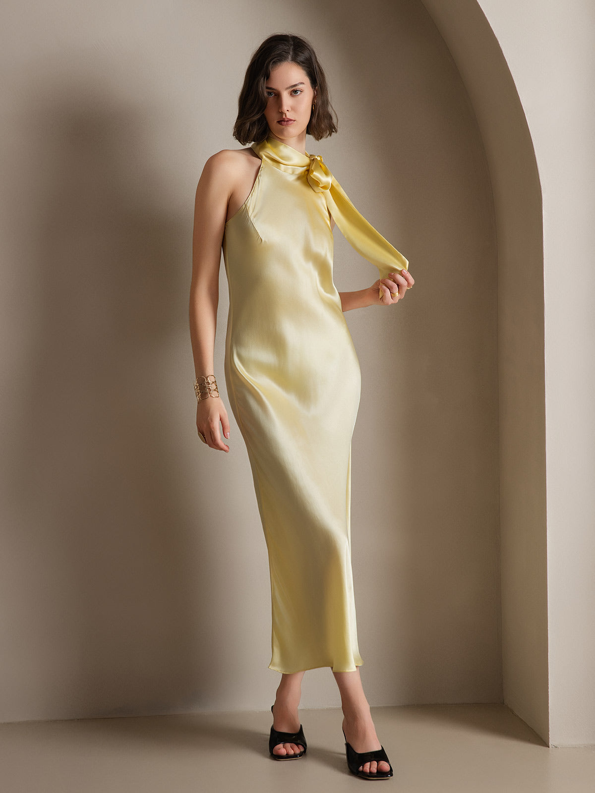 [Jaune Clair] SilkSilky-FR 19Momme Soie Dress 006