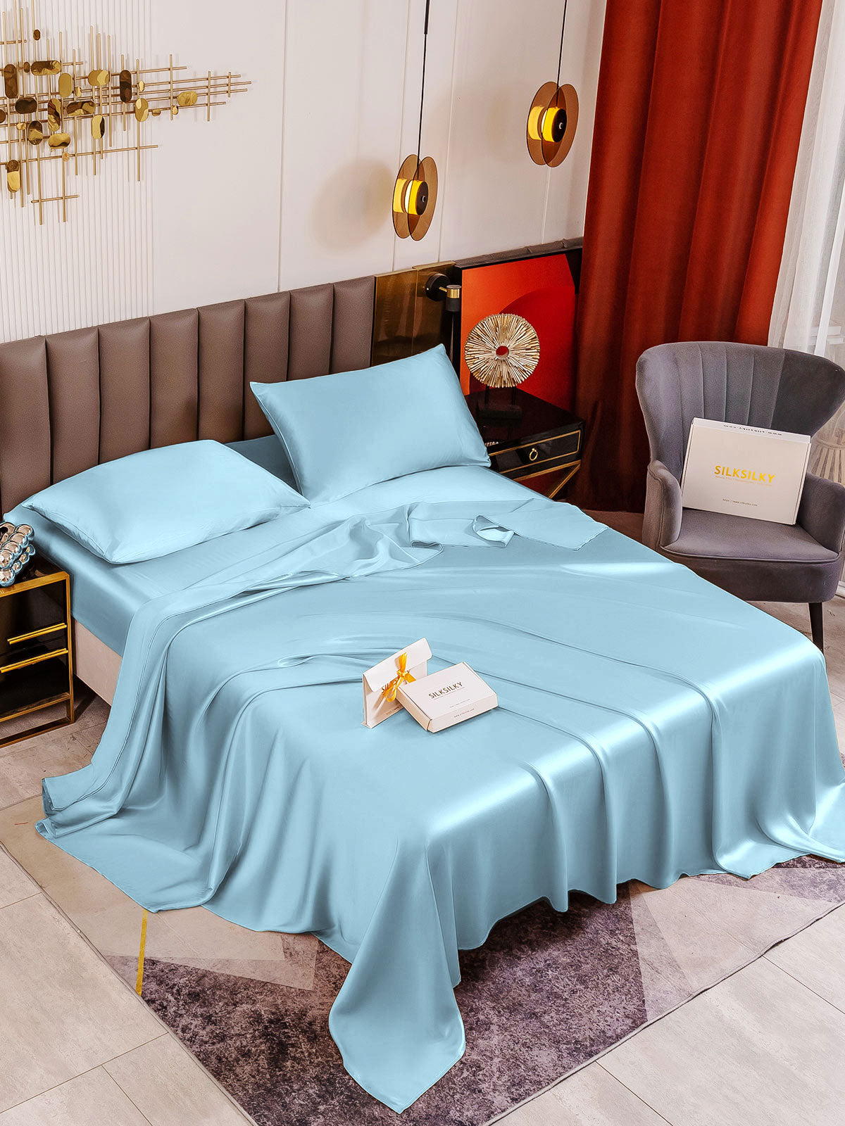 SilkSilky FR 19Momme Pure Soie Bedding Set BleuClair 001