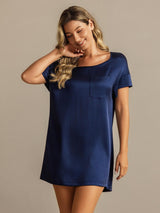 [Bleu Foncé] SilkSilky-FR 19Momme Manches courtes Col Rond Chemises de nuit 006