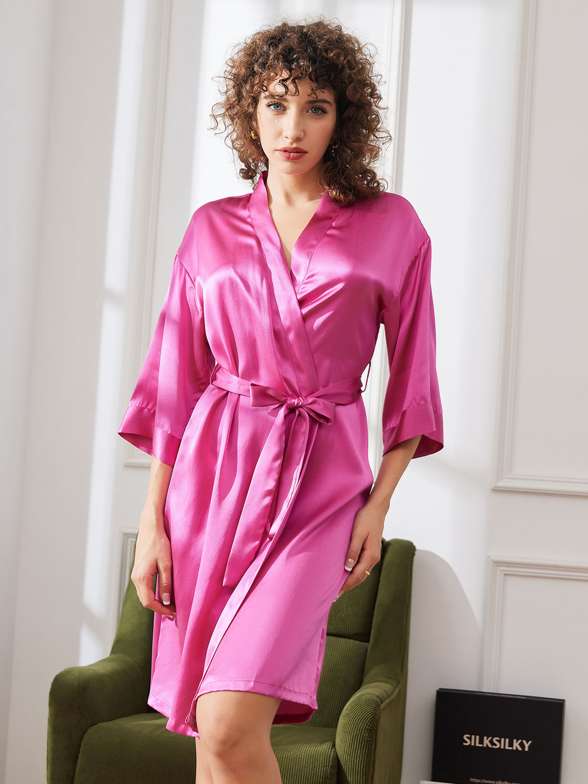 SilkSilky FR Pure Soie Manches mi longues Womens Robe Rose 003