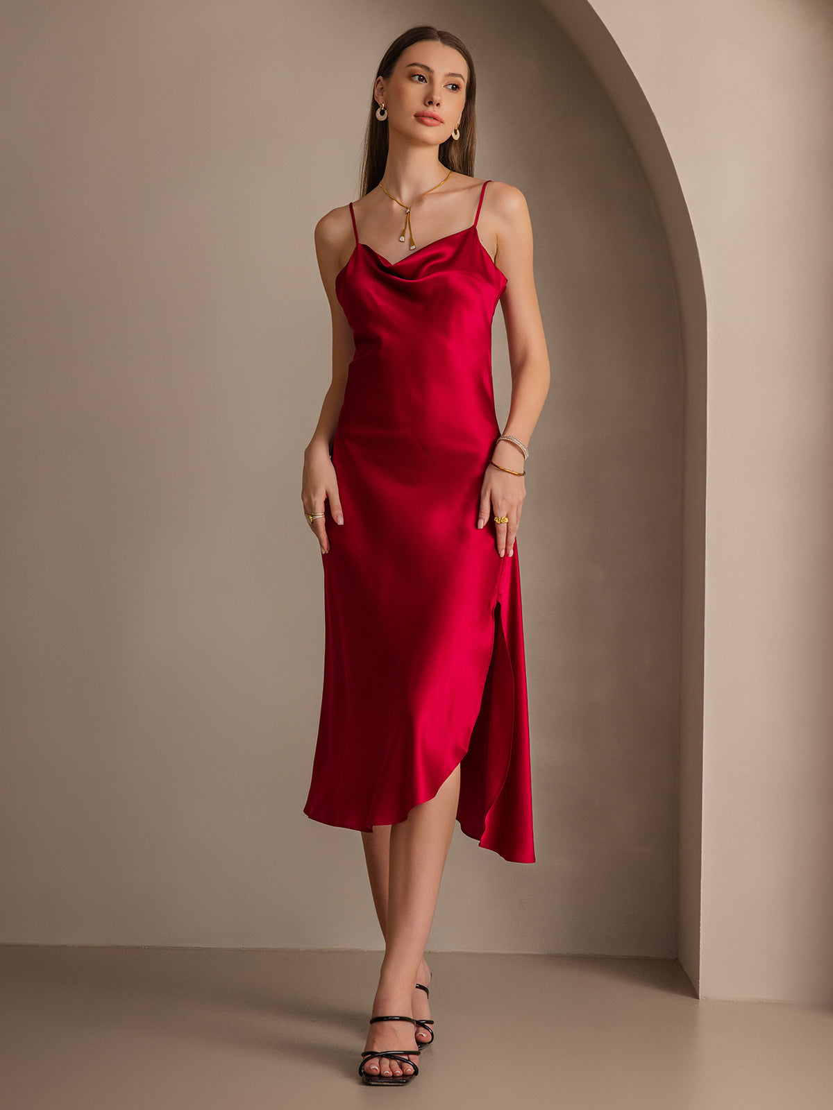 [Rouge Vineux] SilkSilky-FR 19Momme Pure Soie Col Bénitier Robes 006