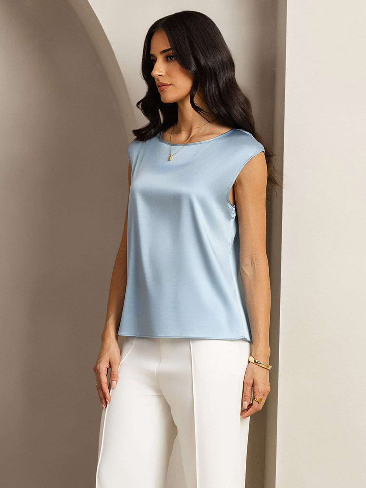 [Bleu Grisâtre] SilkSilky-FR 19Momme Soie Col Rond Femme T-Shirt 005