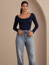 [Bleu Foncé] SilkSilky-FR Long Sleeve Col en U Femme T-Shirt 004