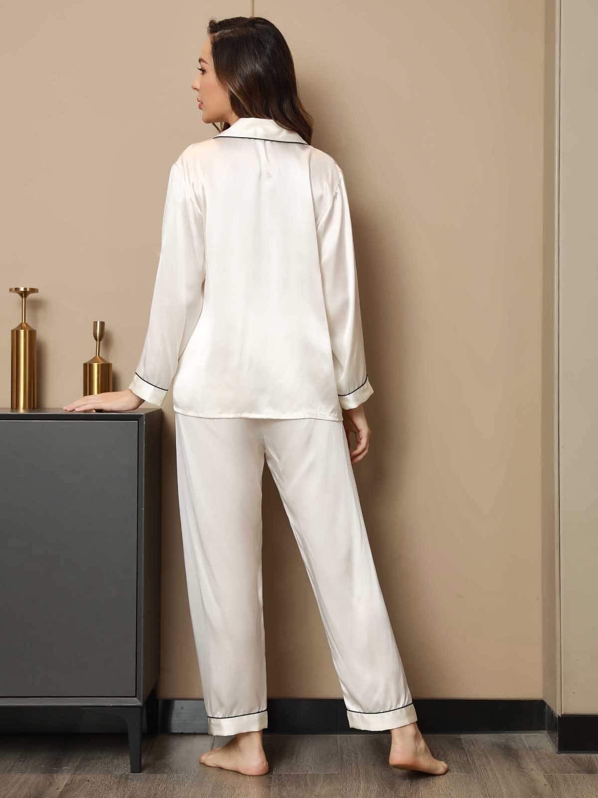 SilkSilky FR Pure Soie Manches longues Revers Femme Pyjamas Blanc 002