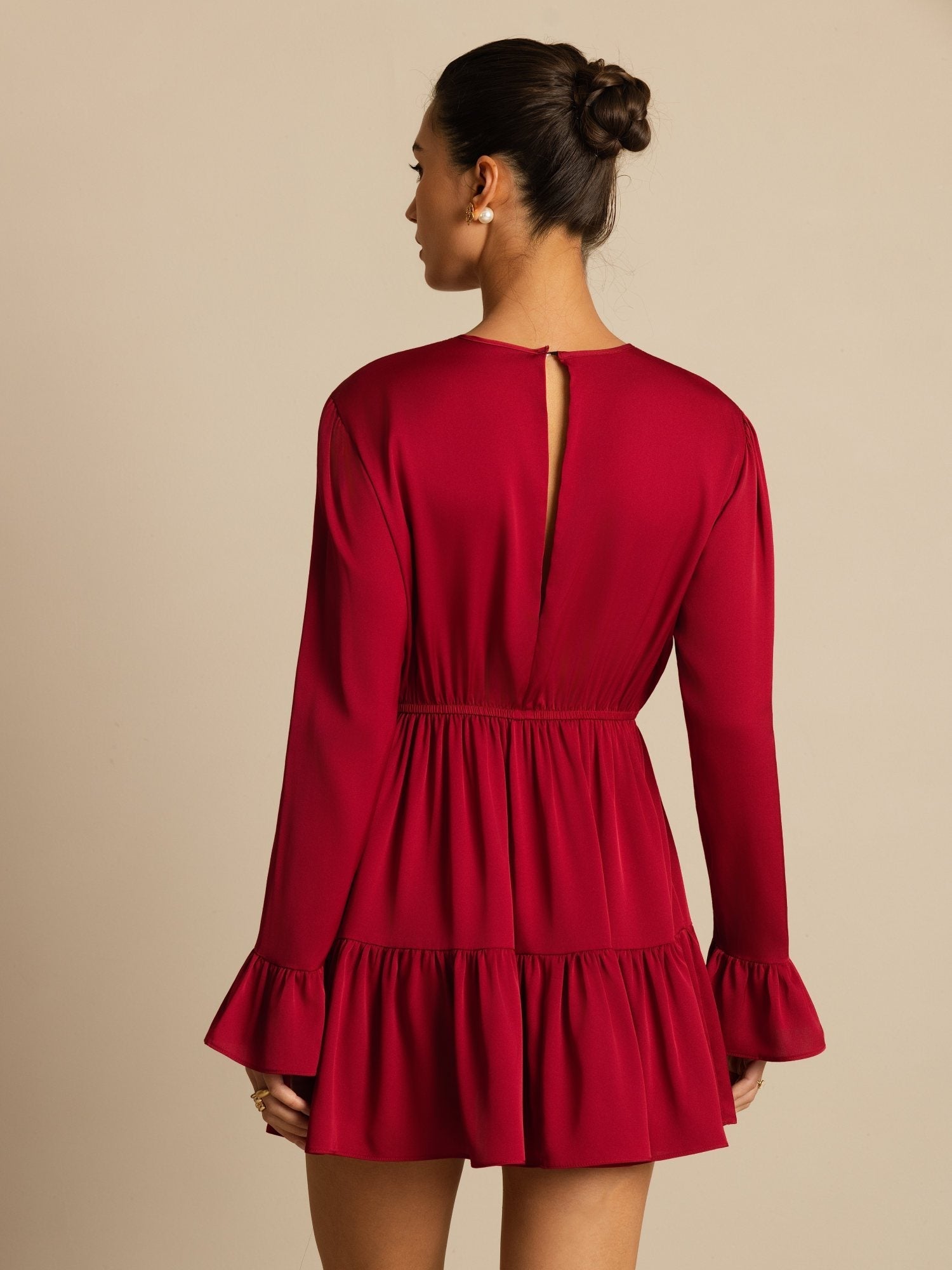 [Rouge Vineux] SilkSilky-FR 19Momme Soie Manches longues Col Rond Robes 007