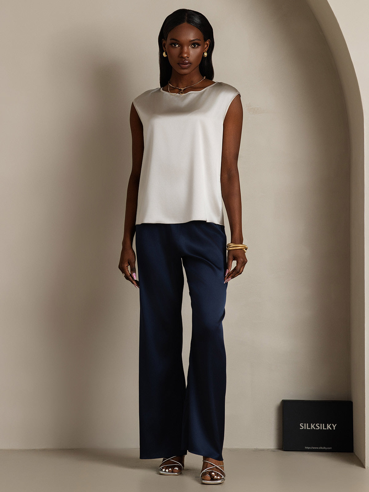 [Gris Clair] SilkSilky-FR 19Momme Soie Col Rond Femme T-Shirt 005