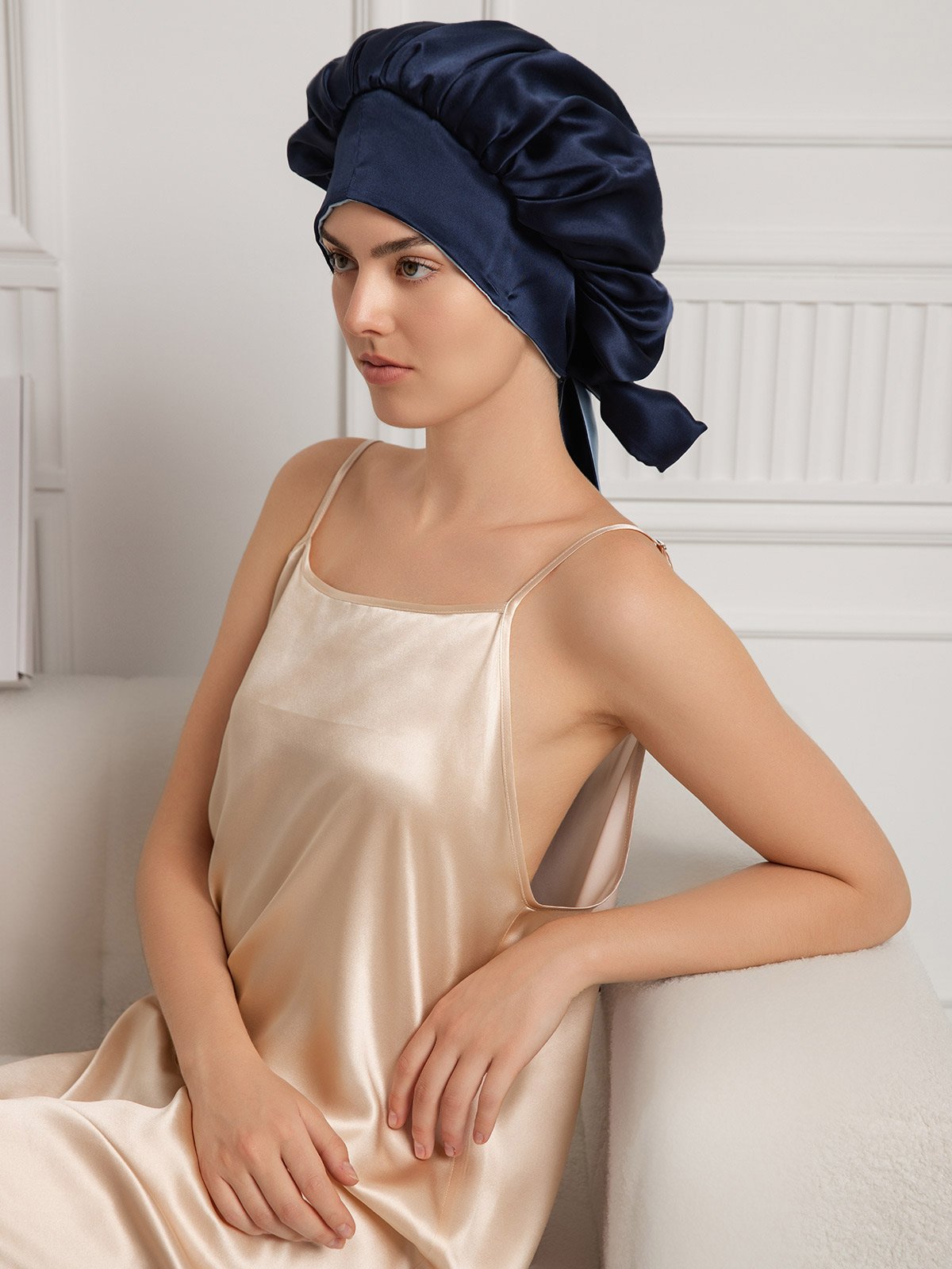 [Bleu Foncé] SilkSilky-FR Pure Soie Sleep Cap 004