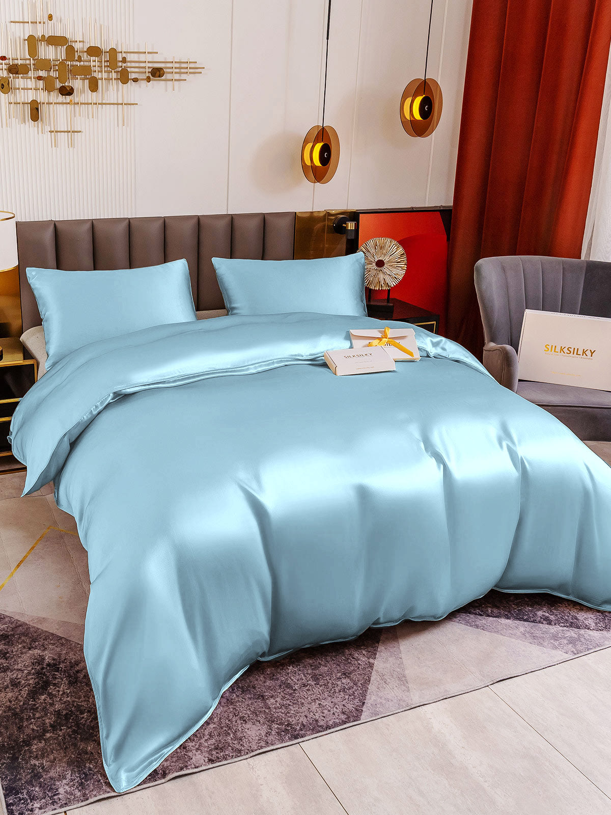 SilkSilky FR 19Momme Pure Soie Bedding Set BleuClair 003