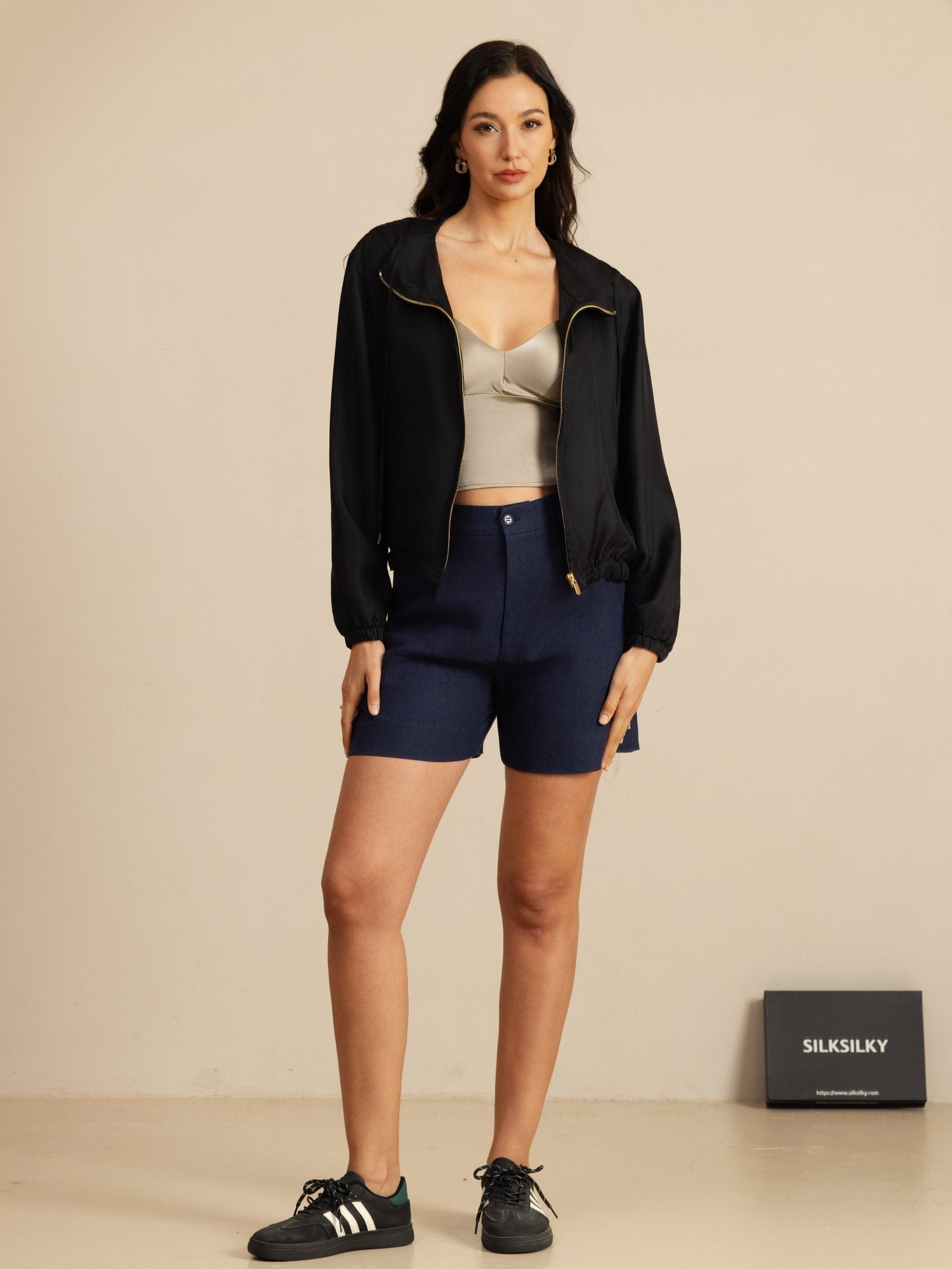 [Noir] SilkSilky-FR 18Momme Manches longues Col Montant Femme Manteaux 006