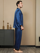[Bleu Foncé] SilkSilky-FR Pure Soie Manches longues Revers Homme Pyjamas 003