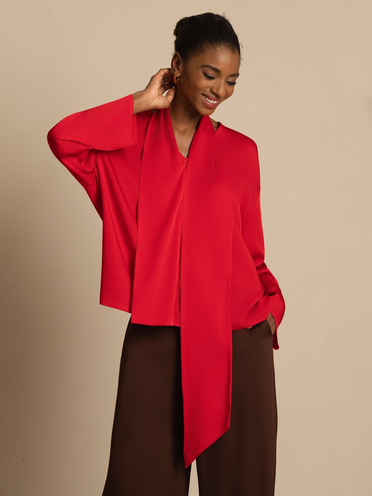 [Rouge Vineux] SilkSilky-FR 19Momme Soie Manches longues Col V Blouse 002