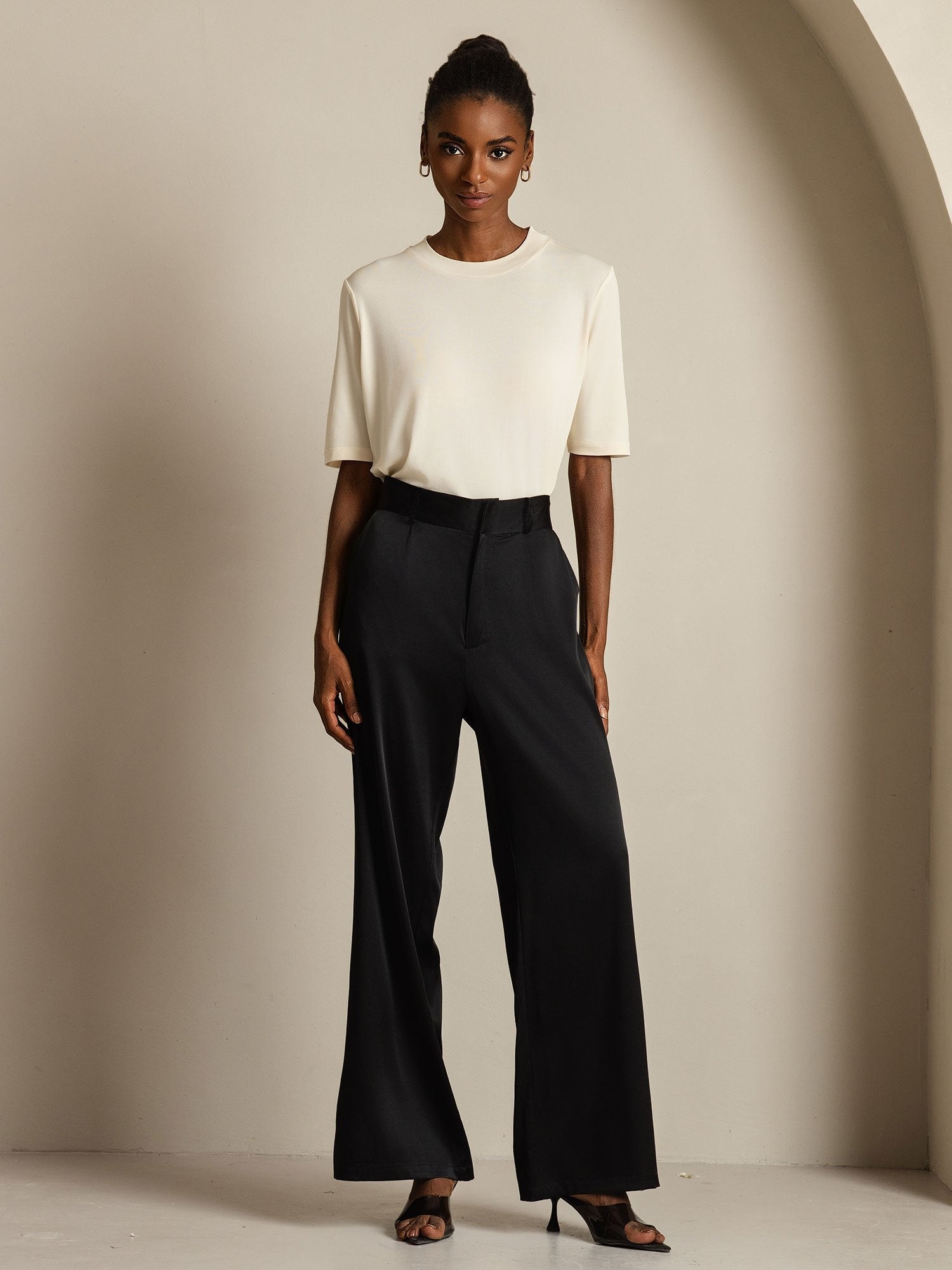 [Beige] SilkSilky-FR Soie Col Rond Femme T-Shirt 008