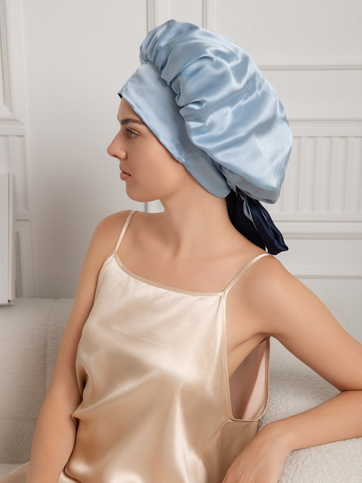 [Bleu Foncé] SilkSilky-FR Pure Soie Sleep Cap 007
