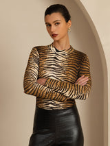 [Tigre] SilkSilky-FR Manches longues Col Mock Femme T-Shirt 004