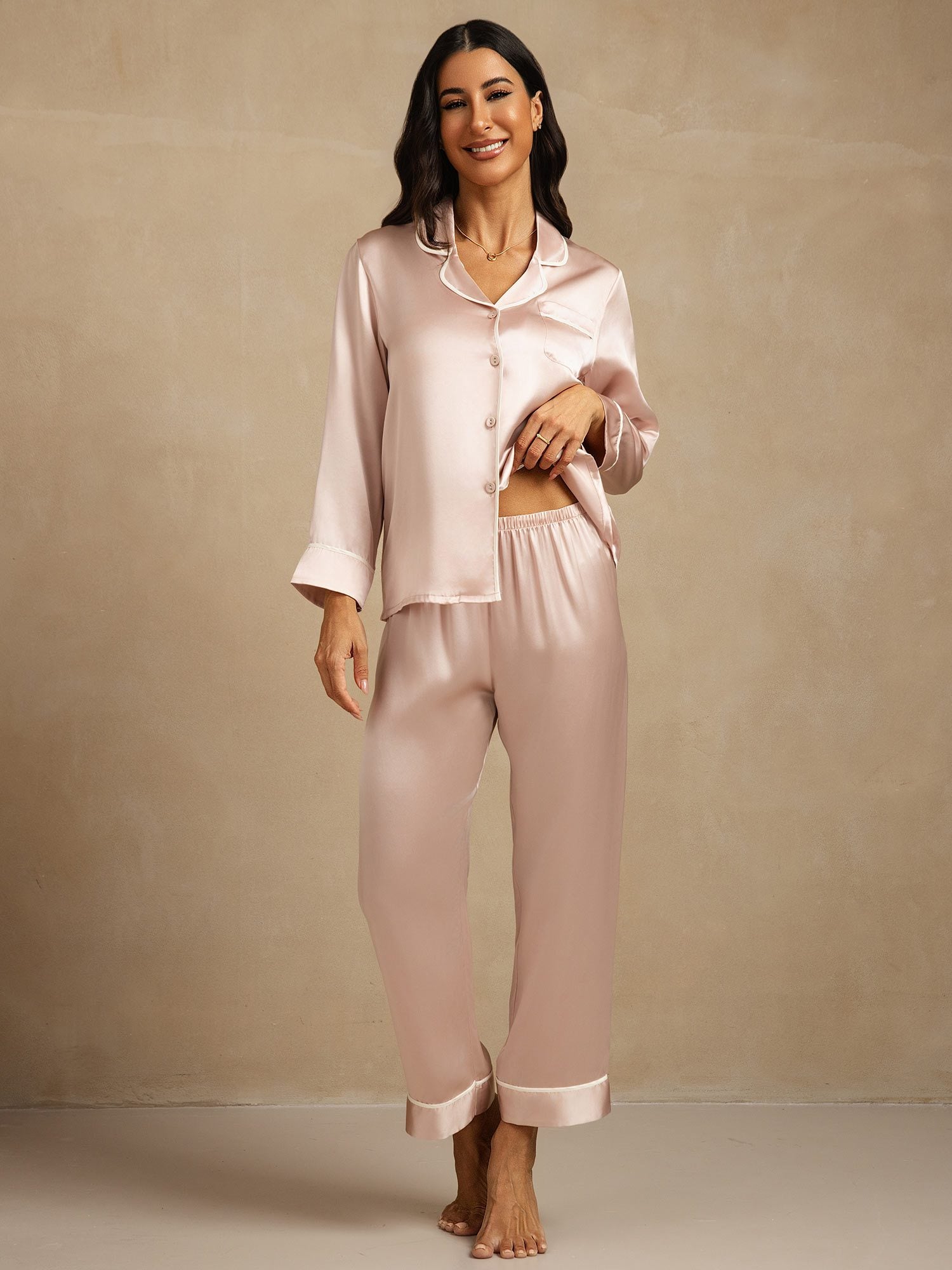 [Rose] SilkSilky-FR Soie Col Chemise Femme Pyjamas 001