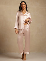[Rose] SilkSilky-FR Manches longues Col Cranté Femme Pyjamas 001