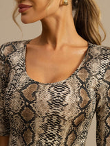 [Snakeskin] SilkSilky-FR Manches mi-longues Encolure Dégagée Femme T-Shirt 006
