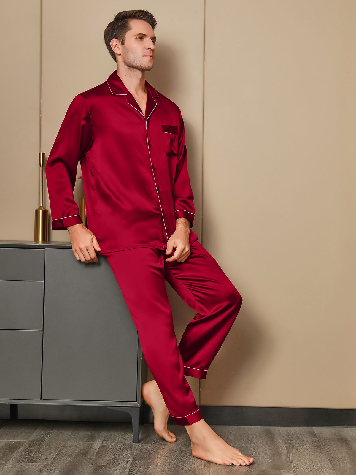 SilkSilky FR 19Momme Pure Soie Manches longues Revers Homme Pyjamas Rouge 001