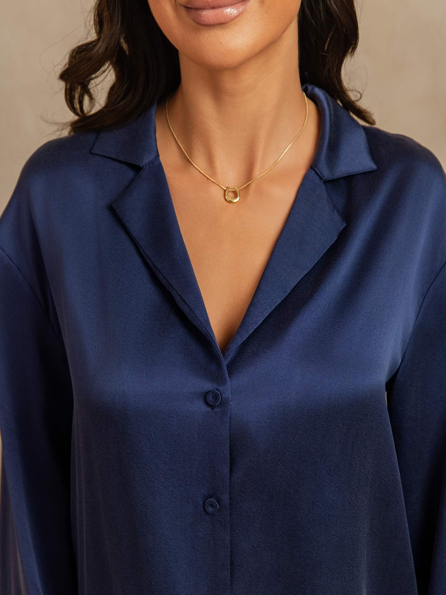 [BleuFoncé] SilkSilky-FR 19Momme Soie Découpe V Femme Pyjamas 004