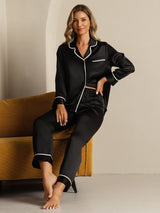 [Noir] SilkSilky-FR Manches longues Col Cranté Femme Pyjamas 008