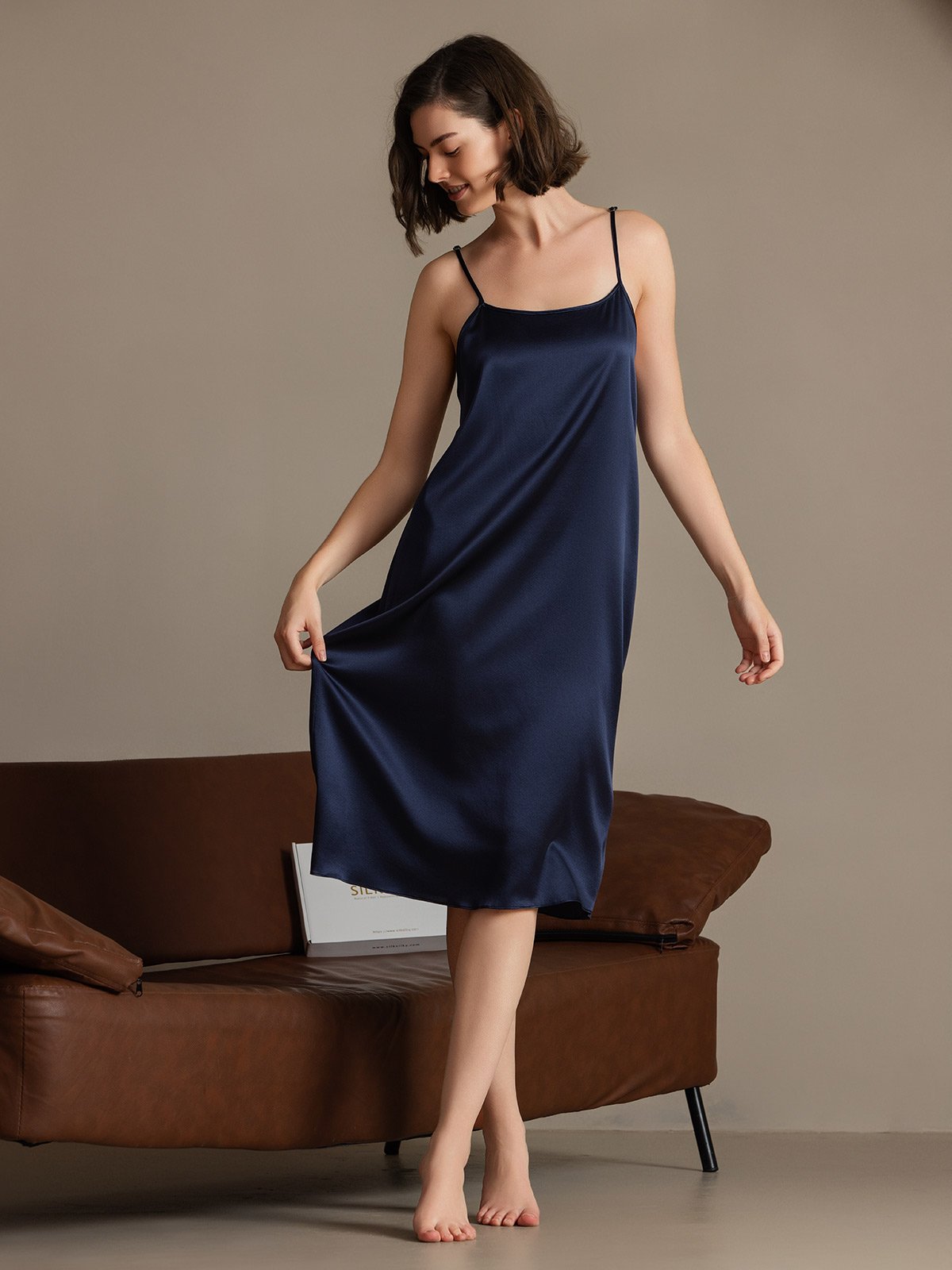 [Bleu Foncé] SilkSilky-FR 19Momme Soie Dress 004