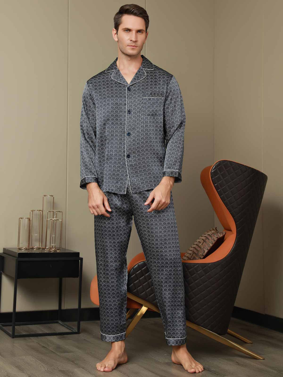 [Ginkgo Marine] SilkSilky-FR 19Momme Manches longues Homme Pyjamas 015