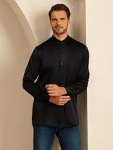[Noir] SilkSilky-FR Long Sleeve Stand Collar Homme Chemise 006