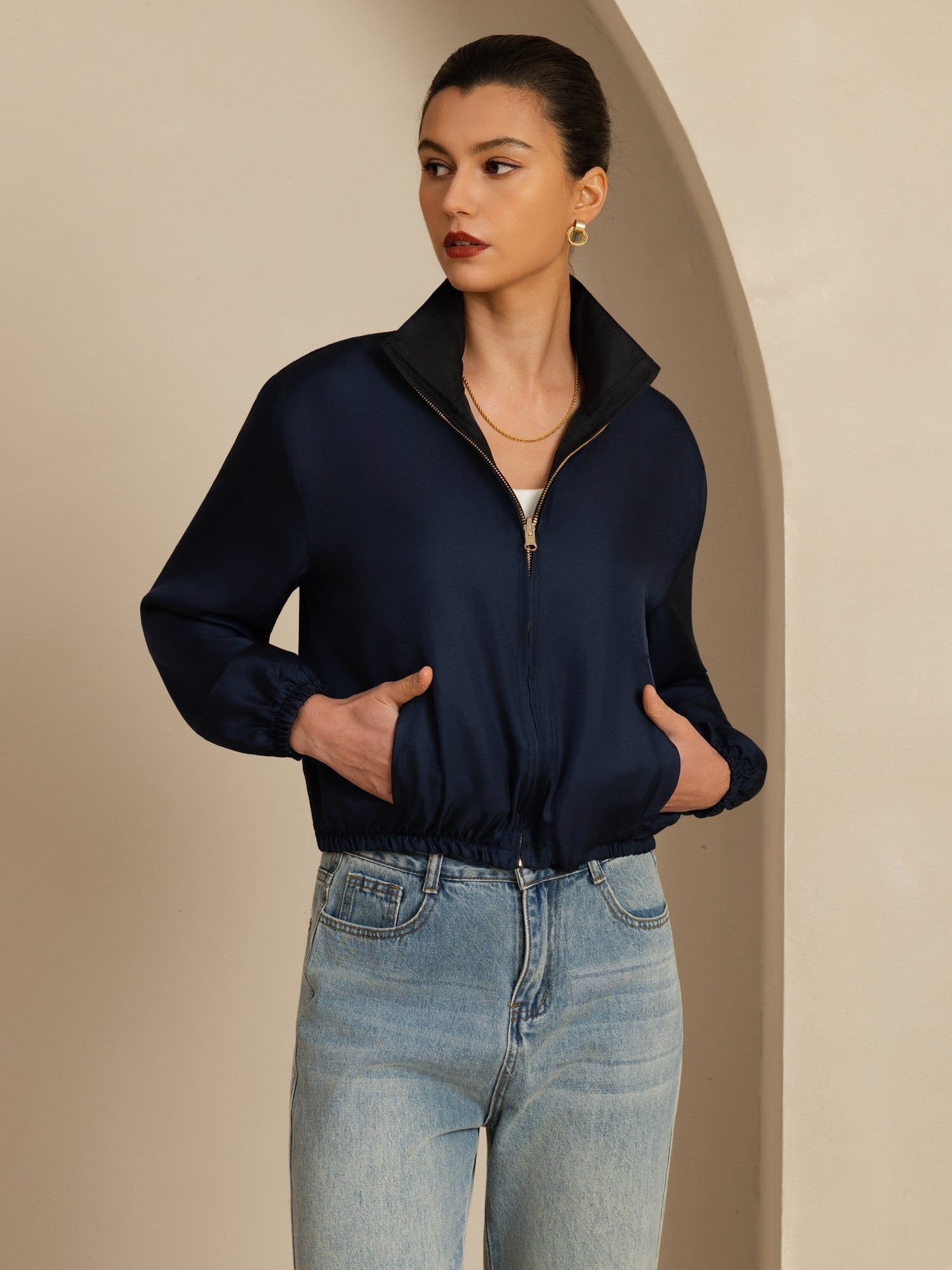 [Noir+BleuFoncé] SilkSilky-FR 18Momme Manches longues Col Montant Femme Manteaux 001