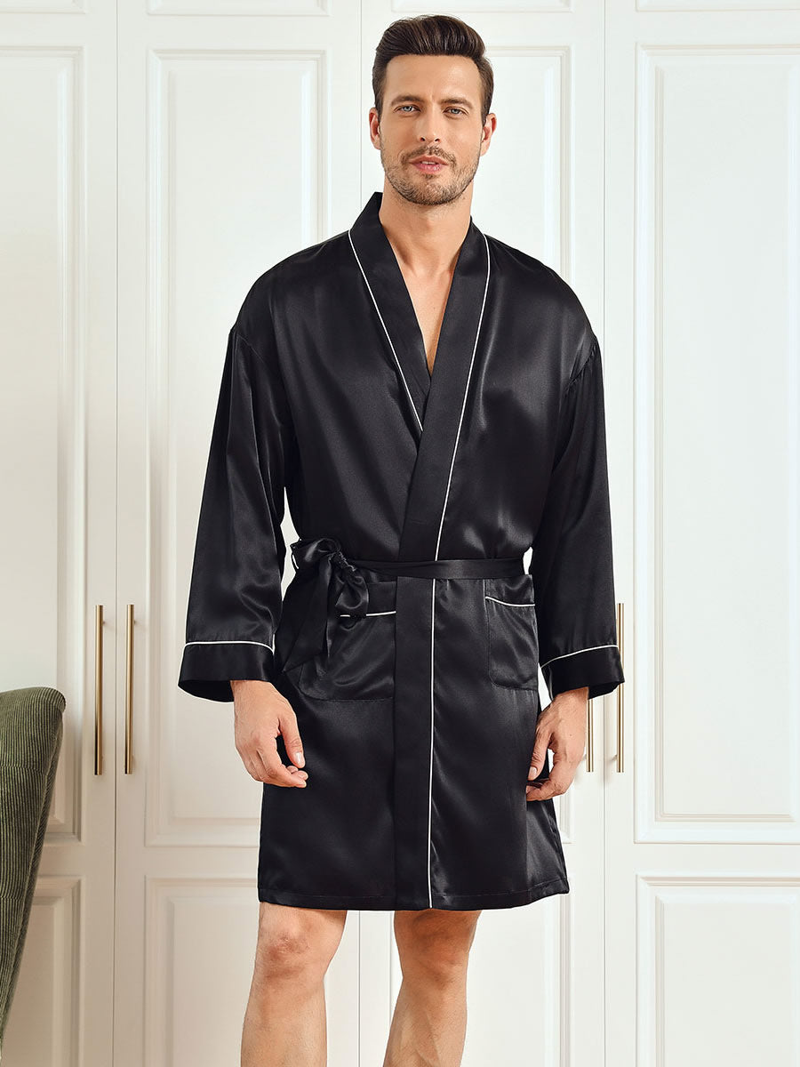 SilkSilky FR Pure Soie Trois quart Mens Robe Noir 001