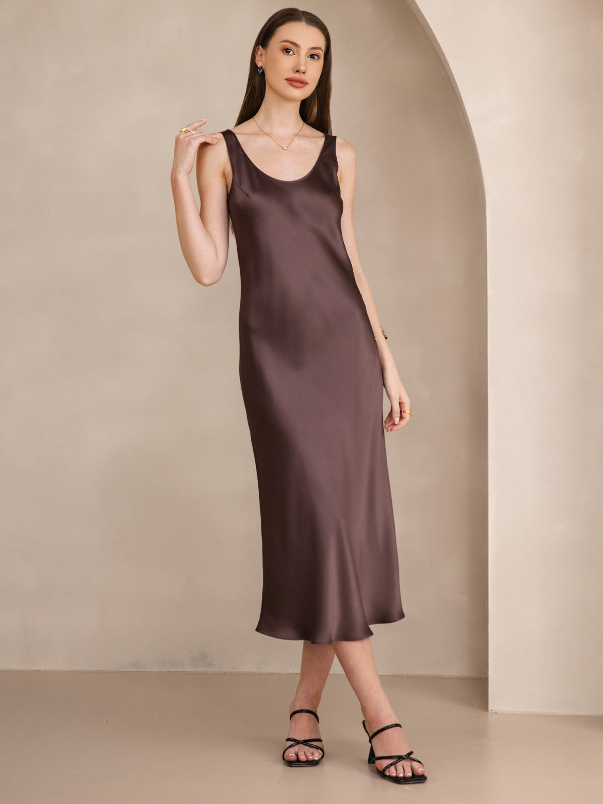 [Café] SilkSilky-FR Pure Soie Col Bateau Robes 005
