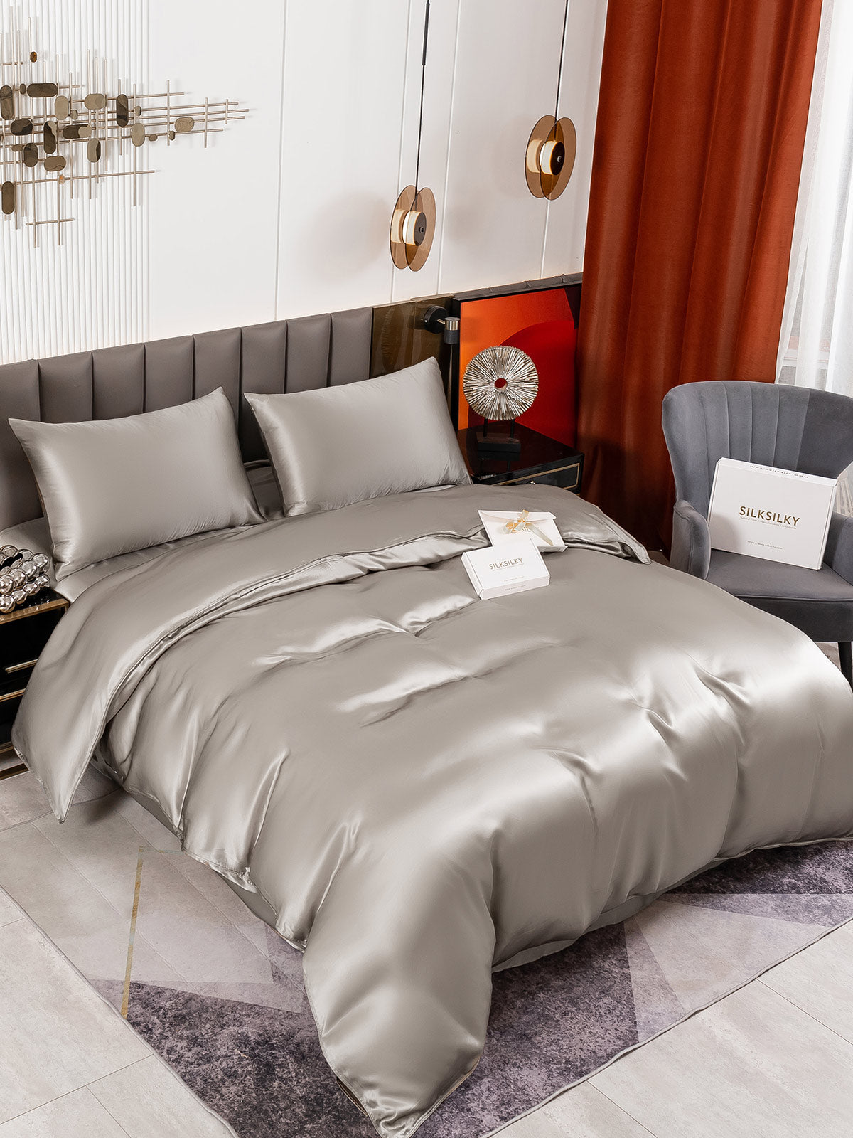 SilkSilky FR 19Momme Pure Soie Bedding Set Gris 001