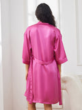 SilkSilky FR Pure Soie Trois quart Nightgown&Robe Set RoseRouge 002