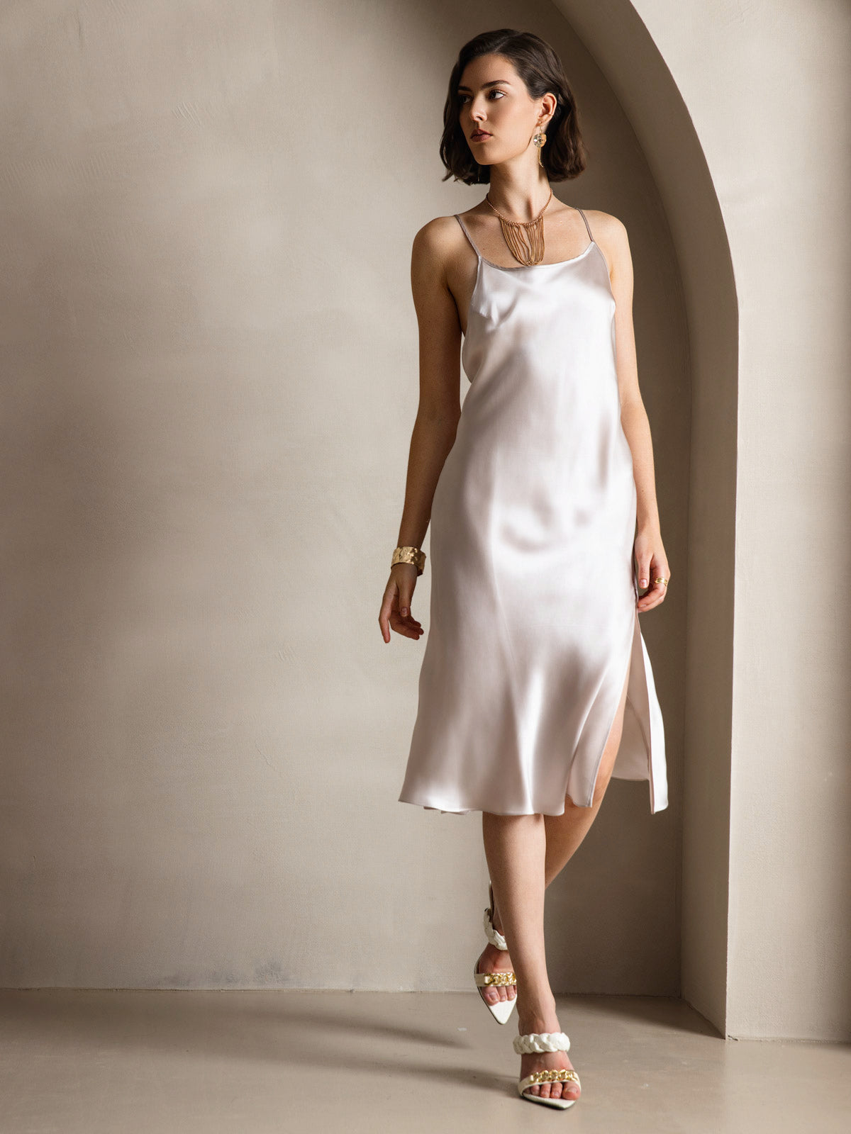 [Beige] SilkSilky-FR Pure Soie Col Rond Robes 004