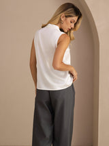 [Blanc] SilkSilky-FR Sleeveless Tie Neck Top À Fines Brides 002