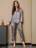 SilkSilky FR Pure Soie Manches longues Revers Femme Pyjamas Gris 007